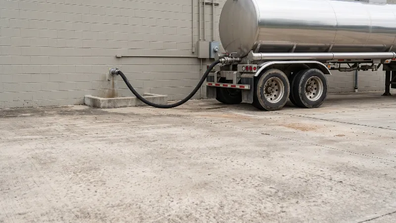 A stainless-steel tank trailer parked beside a block building, a black hose running from its rear valve to a fill pipe in the wall above a low concrete curb