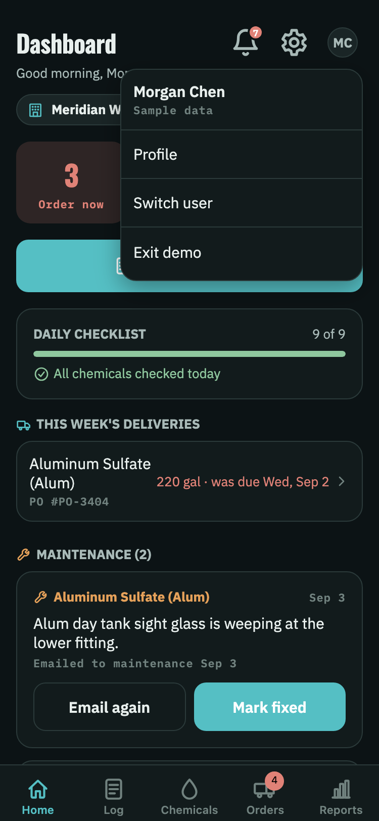 The account menu open, showing the signed-in operator with Profile, Switch user, and sign out