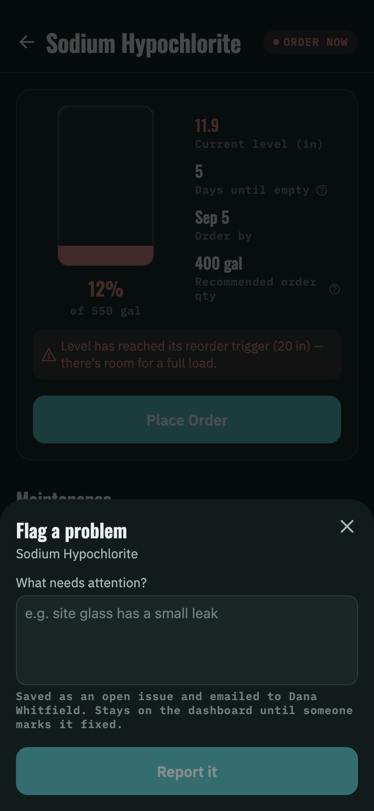 Flag a problem sheet with a free text field and a note saying it will be emailed to the maintenance contact