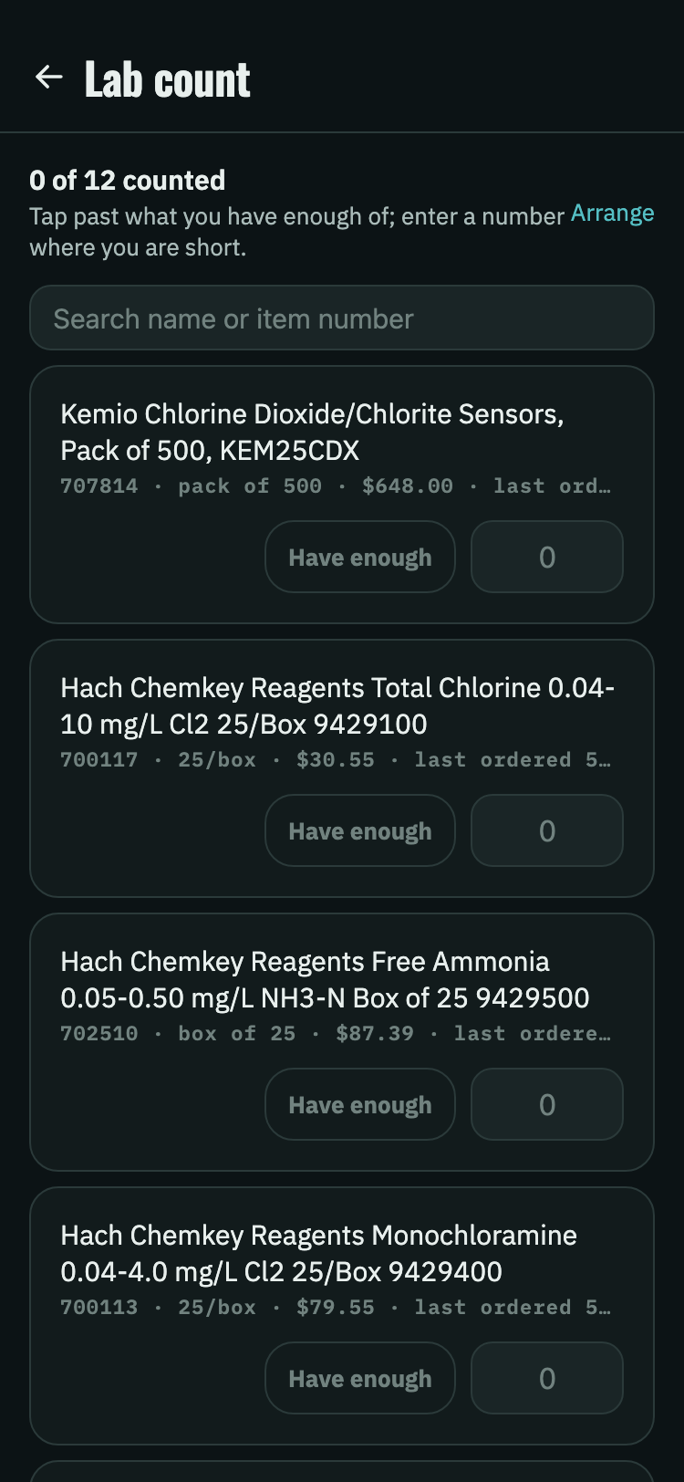 Lab count screen listing reagents with Have enough or a quantity field for each