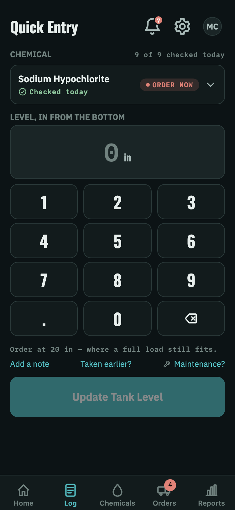 ChemLevel level entry screen with a large numeric keypad for logging a tank reading