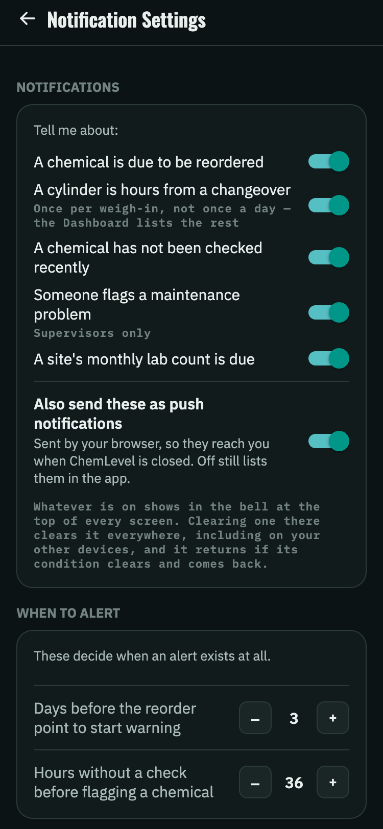 Notification settings: a switch per alert kind, a switch for push, and the two thresholds