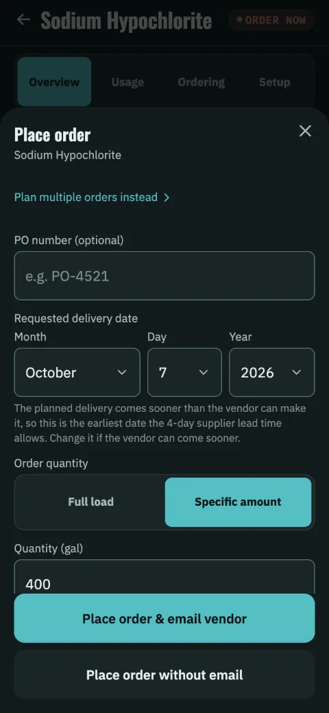 The Place order sheet: a PO number, the requested delivery date with a line saying why it is that date, full load or a specific amount with its quantity, and Place order & email vendor above Place order without email