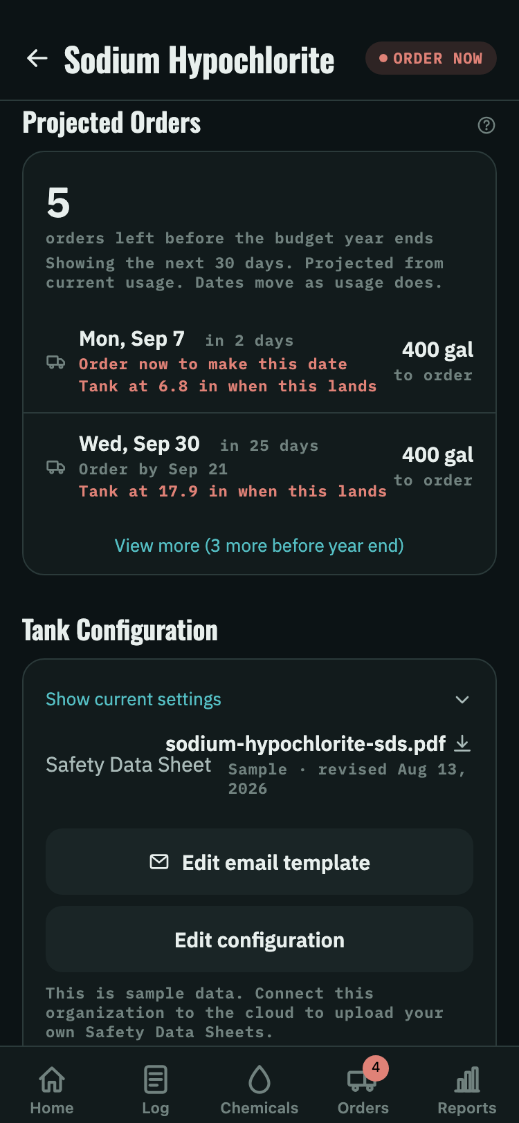 Projected orders list showing the next two orders with dates, quantities, and the tank level each would land at