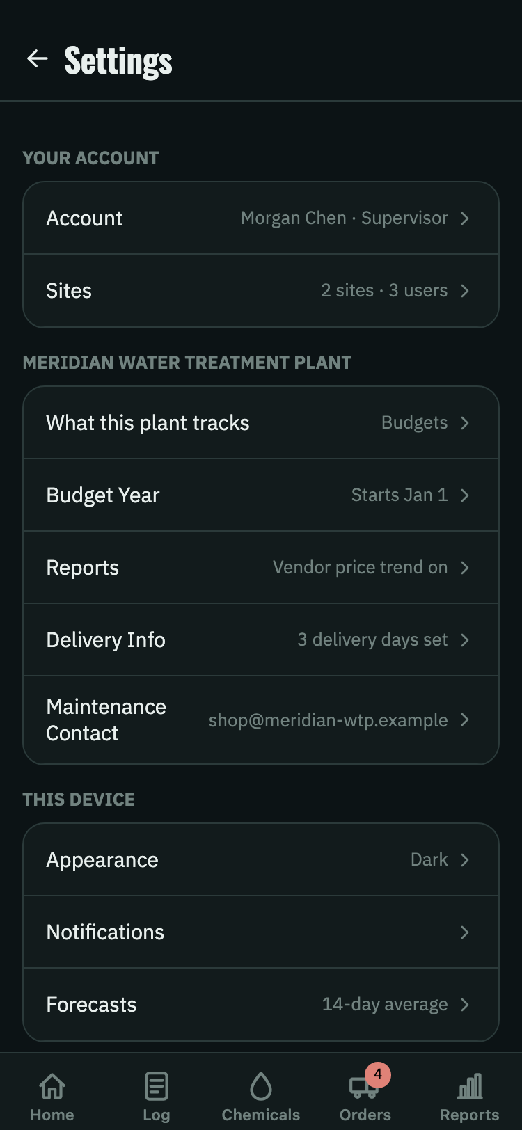 Settings organized into account, this plant, this device, and data